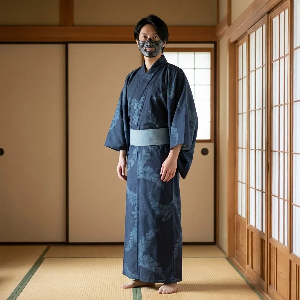 Yukata hombre azul oscuro con motivo botánico visto de frente