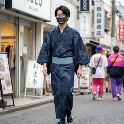 Yukata hombre azul oscuro con mangas anchas