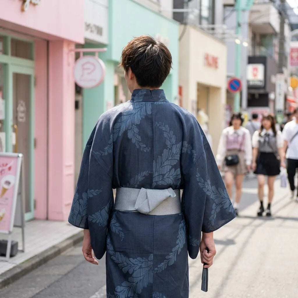Vista trasera del yukata hombre en tono azul profundo