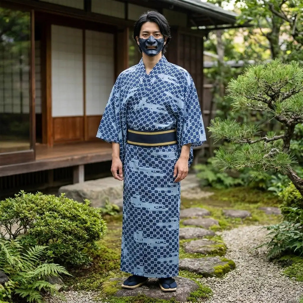 Yukata hombre combinado con obi y sandalias
