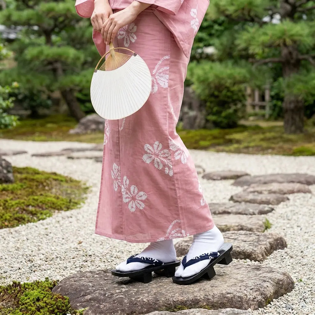 Sandalias geta combinadas con un yukata en un jardín japonés