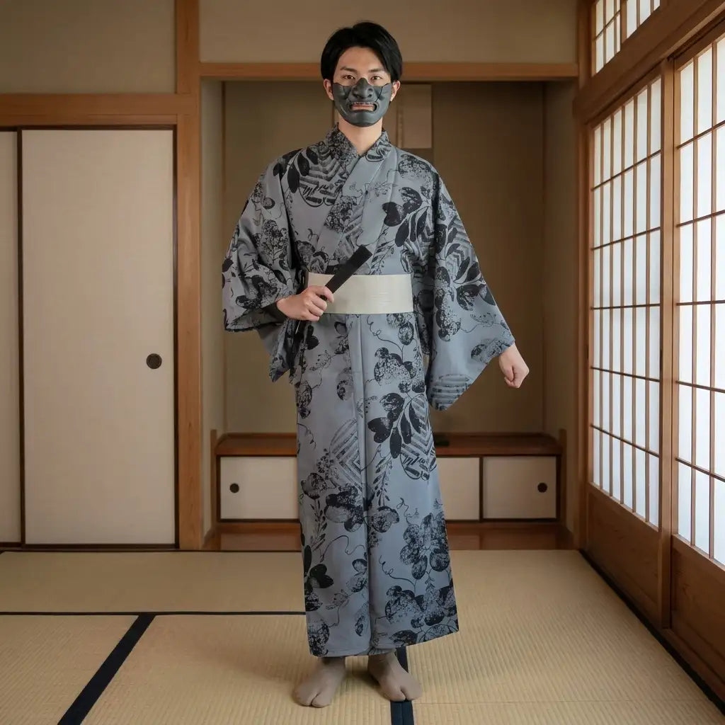 Yukata hombre ryokan gris con estampado botánico