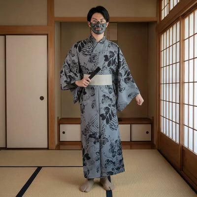 Yukata hombre ryokan gris con estampado botánico