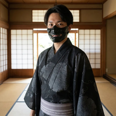 Yukata hombre Yukiwa con motivos de nieve sobre fondo oscuro