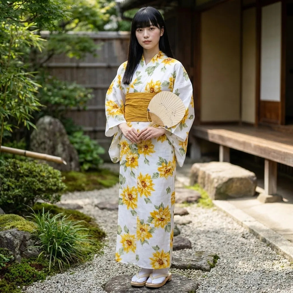 Vista trasera del yukata de verano amarillo con girasoles que muestra la silueta cruzada y el estampado floral