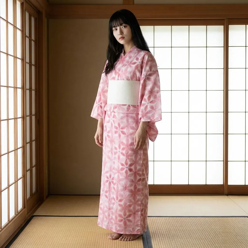 Yukata mujer rosa con motivo asanoha visto de frente