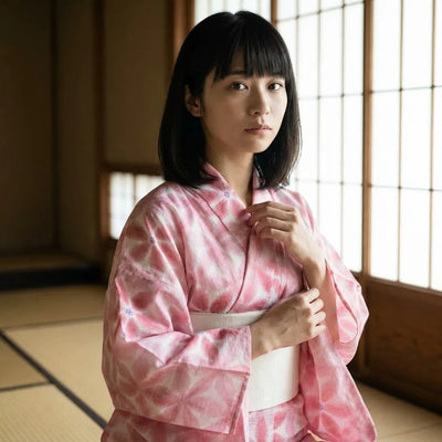 Yukata rosa de mujer con las mangas abiertas y silueta cruzada