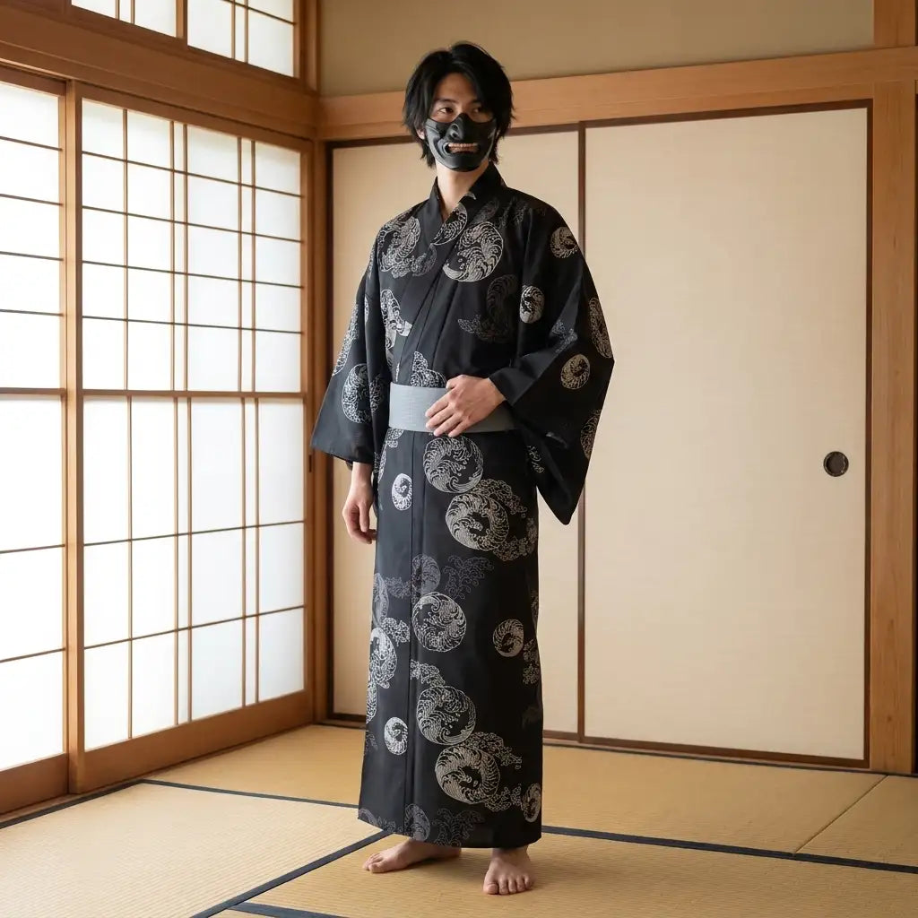 Yukata negro hombre con estampado de olas