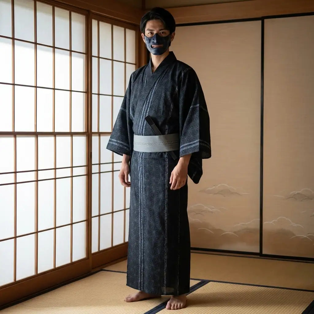 Yukata negro hombre con patrón geométrico japonés