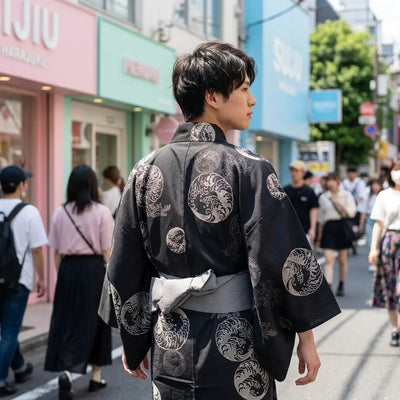 Yukata negro japonés detalle textil
