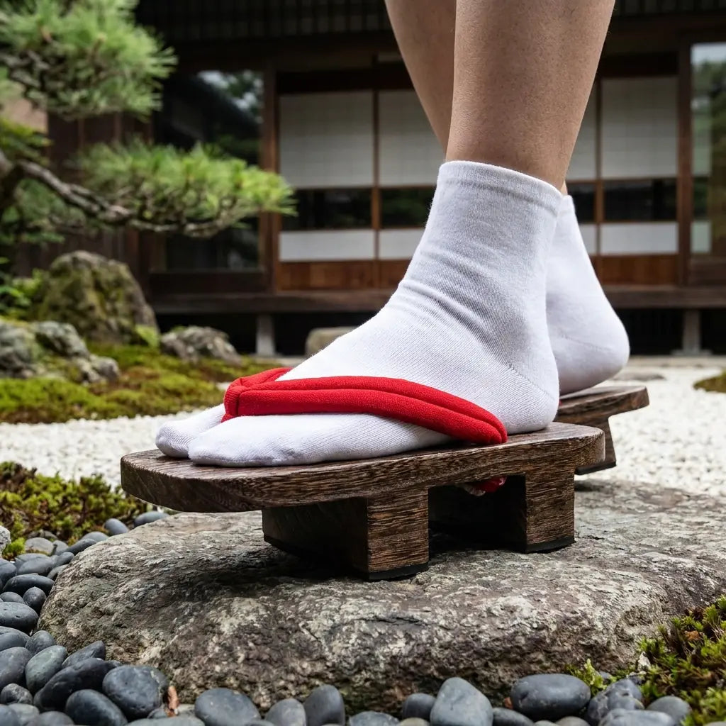 Zapatos geta hombre llevados con calcetines tabi blancos sobre una piedra de jardín